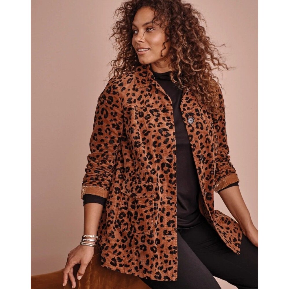 J. Jill Tumbled Corduroy Jacket 3X Brown Leopard Animal Print Button Shacket